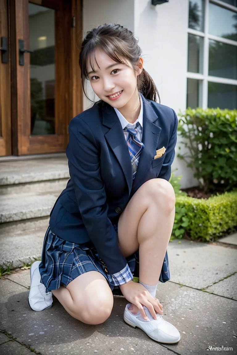 (8K), (highest quality: 1.2), (realistic), (realistic: 1.37), ultra high resolution, (1 girl、17 years old), cute, smile, closed mouth, beautiful details, beautiful nose, wet hair, giant dulcefo, pork, thighs，Self snap,High school Student Uniform,(A simple navy blue blazer),pleated skirt,(The skirt and tie are gray tartan check pattern....:1.3),(sitting:1), sit on the ground,(hug your feet:1),white pantyhose,from the front,knees、loafers、Low - Angle、From the front view、Checkered Pleated Skirt、Ponytail 1.2、Knee-high socks、barefoot、((Between the legs、Panties that fit the female genitals、White panties、膝を上げて、お尻を床に付けて座る))