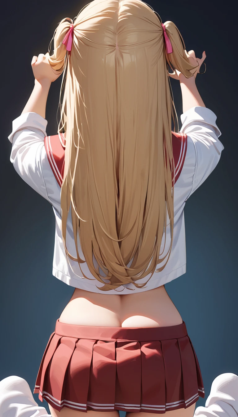 A composition that makes it look like you are actually having sex with a girl by standing behind her, (POV from behind:1.4), (standing doggy style vaginal sex:1.4), (1girl, buttocks, turn around, back shot, sharp focus solo), (Masterpiece, Super realistic, Super details, Super Highest Quality, Super Highest Quality), super cute and beautiful girl, You are male professional photographer, Japanese gal, For dark brown eyes, Blonde yellow hair, Pink ribbon, gal make-up, False eyelashes, Pearl pink lips, Unbuttoned out Hemmed sailor red open collared open front white shirt, (Very thin shirt:1.3), beautiful focus, big open mouth, (brown eyes:1.4), big round chest, BREAK, (Half down two side up blonde very long hair style:1.4), (Wider at the hem flabby large in size Super Loose Socks:1.4), (wear loafer:1.2), An innocent , (skin fang:1.2), realistic cute Japanese girl, standing pose, wear white unbuttoned shirt, low-rise pleated plaid micro mini skirt, loose socks, loafer, Japanese cute girls, long slim legs, long hair, blonde hair, two side up, hair ribbon, pink ribbon, , frills, opened sailor collar, necktie, white shirt, long sleeves, red skirt, from behind POV, (shirt trimmed with white frills:1.4),