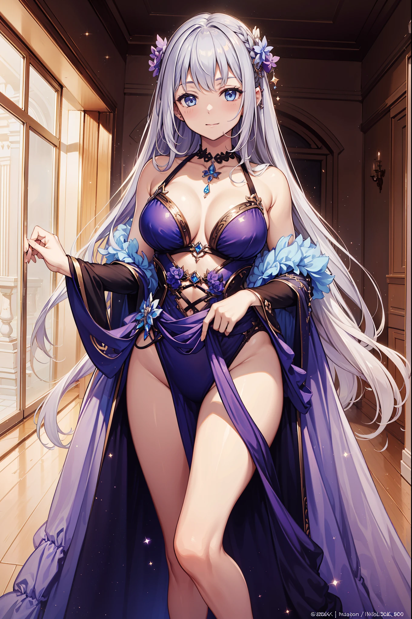 (Best quality,4K,8K,A high resolution,Masterpiece:1.2),s girl,Enchanted,having fun,Being in love,Princess dress,Deep purple swimsuit,exquisite costumes,Bedrooms,solo person,blond hairbl,((Bright blue eyes))Lilac cloth