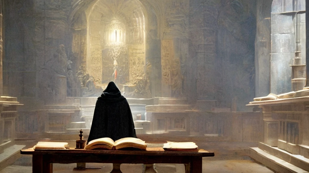 Imagine an intriguing and mysterious scene: a hooded character, standing with your back to the viewer, in a dark and ancient environment. In front of you, an antique wooden table with ancient scrolls and open religious books. Dim light from nearby candles highlights details of ancient inscriptions on the walls. Ao fundo, shadows suggest the presence of other hooded characters, adding an air of mystery and conspiracy. The focus of the scene is the contrast between darkness and points of light, creating an atmosphere of secrecy and power. The central character is immersed in reading an old book, with his face hidden by his hood, suggesting anonymity and an enigmatic figure who holds ancient and powerful knowledge.