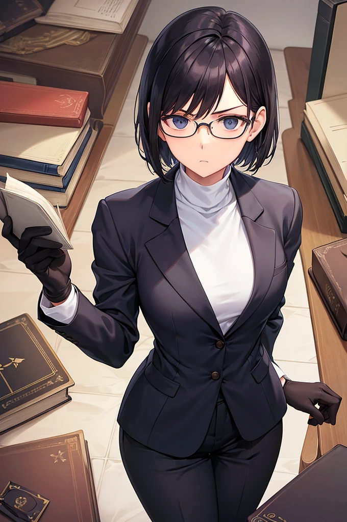books lying around, cream hair, tall, square glasses, black turtleneck, a beige two-button blazer, dark navy-blue pants, and a pair black gloves, looking at viewer, slightly short hair, female, slim, stern expression