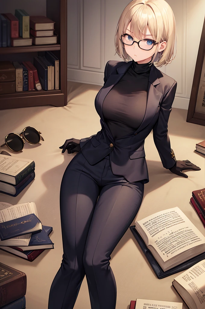 books lying around, cream hair, tall, square glasses, black turtleneck, a beige two-button blazer, dark navy-blue pants, and a pair black gloves, looking at viewer, slightly short hair, female, slim, stern expression
