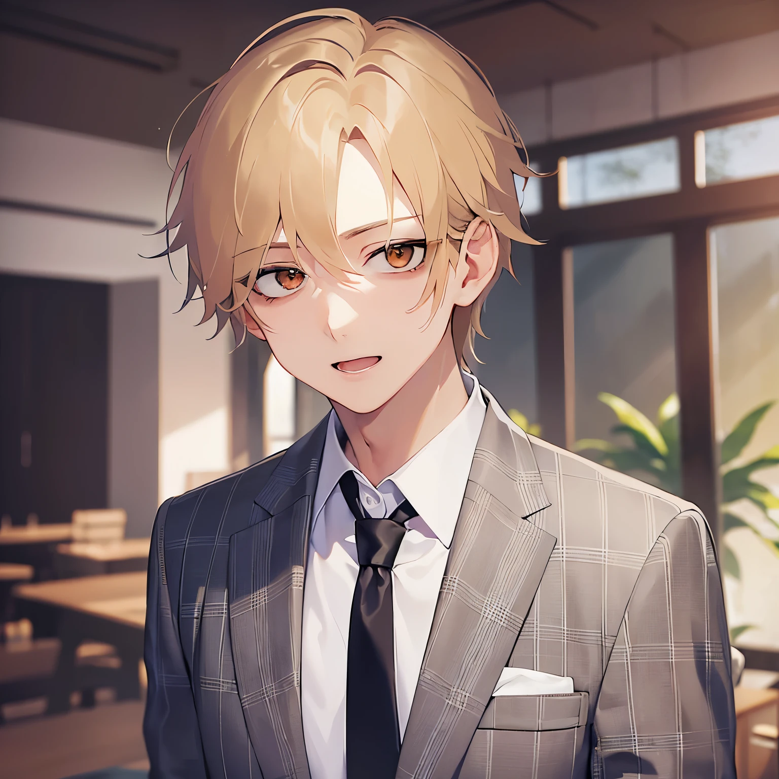 upper body、shiny skin、masterpiece、Highest quality、BREAK (25-year-old male:1.5) and (Blonde short hair) and (Orange eyes) and (jitome), (Wearing a suit:1.3) and (tie) BREAK 立っる、smile、open mouth, The background is the conference room、alone、