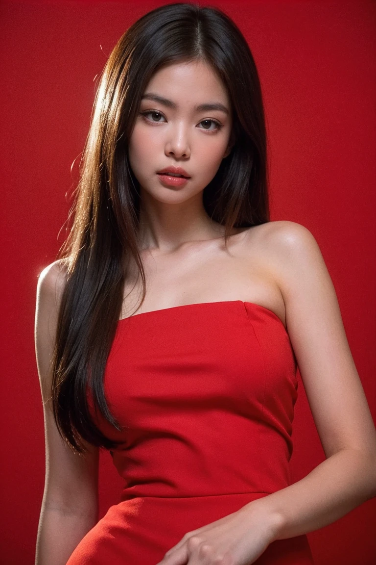 21yo girl, dress, red background