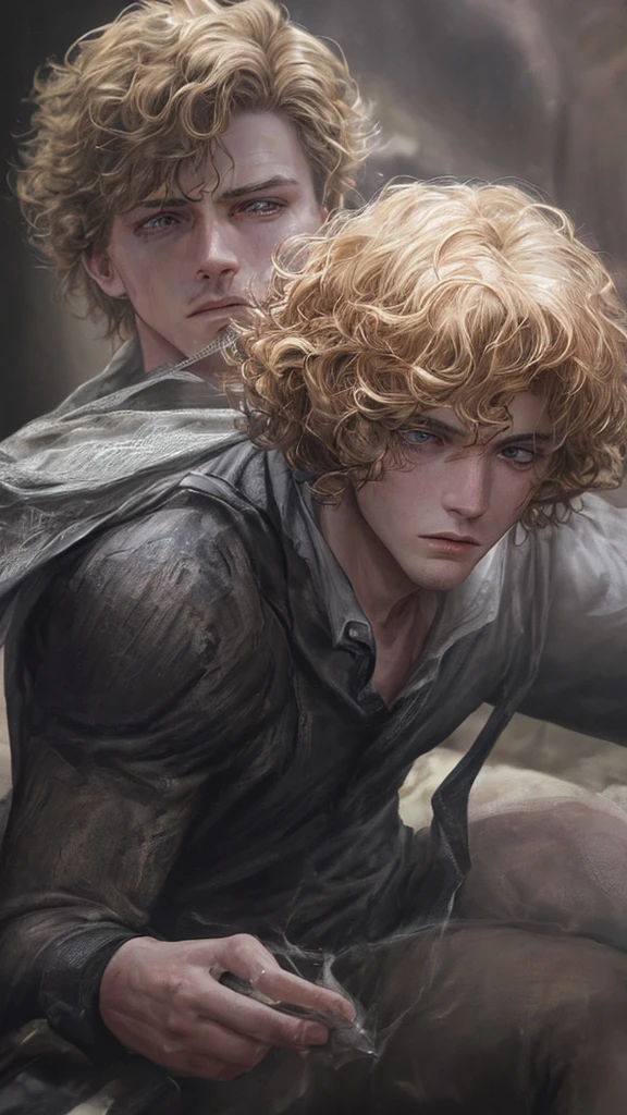 a futurist deserter late teenager boy, defeated, harmless, captured boy, young boy, sexy, blonde hair, scared, detailed face, tearing eyes, beautiful boy, pretty face, sexy, curly hair, tie in a campfire, cinematic atmosphere, dark colors, environment, realistic 3D render, (best quality,4k,8k,highres,masterpiece:1.2),ultra-detailed,(realistic,photorealistic,photo-realistic:1.37)