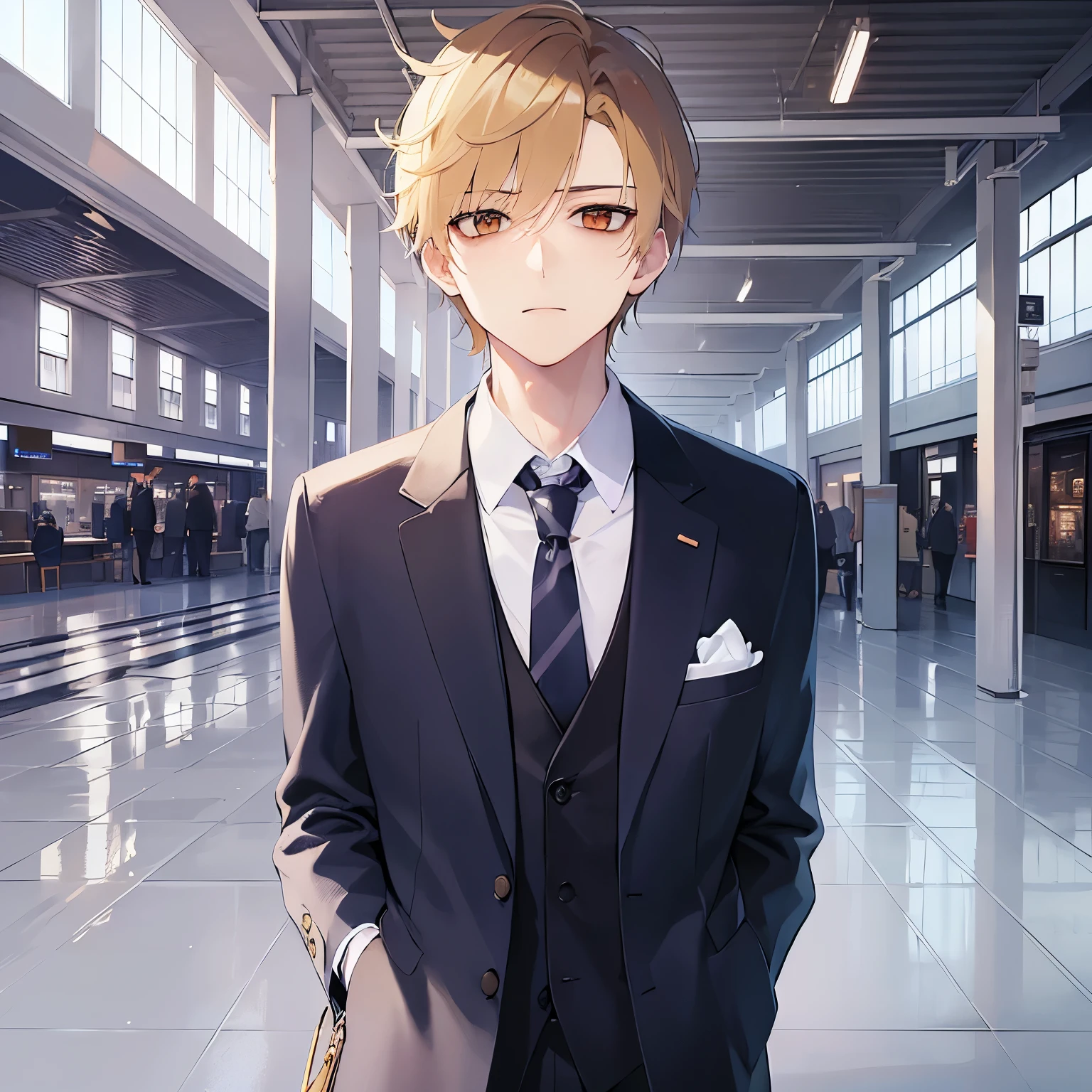 upper body、shiny skin、masterpiece、Highest quality、BREAK (25-year-old male:1.5) and (Blonde short hair) and (Orange eyes) and (jitome), (Wearing a suit:1.3) and (tie) BREAK 立っている、angry、The background is a train station platform.、alone