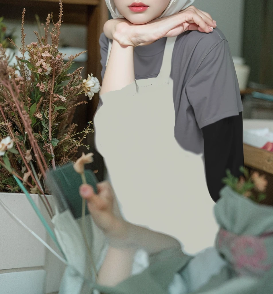 (Best quality, 8k, 32k, Masterpiece, UHD:1.2),Photo of Pretty Japanese hijab woman, large breasts, oversize crew t shirt. embordy