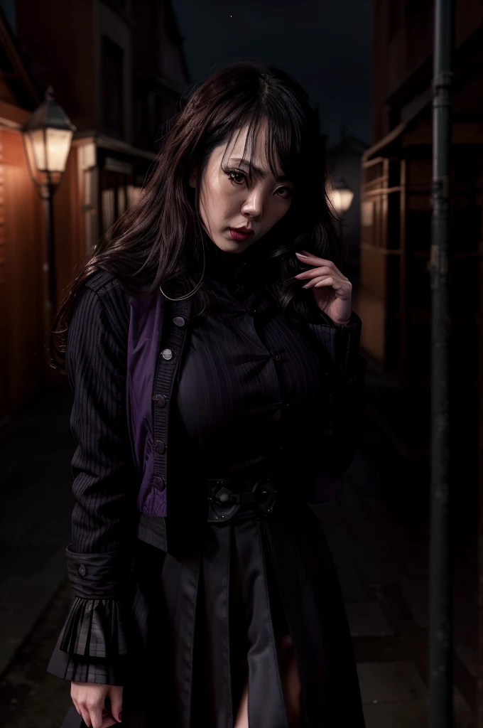 photo realist, horror themed, Underworld Theme, dark element, high quality realistic masterpiece,1 girl, (comely) Japanese woman,Chloe Cherry Lips, lip filler, face detailed, 27 year old, symmetrical eyes,symmetrical face,subtle vampire fangs, violet eyes, long wavy black hair, walking in the dark, misty, misty, moonlit alley,Cloudy moon room in sky in background, moonlit,with fog and shadows, frightful,natta,cinematic lighting,Dress conservatively, wearing a deep purple lace top & black double breasted coat (buttoned up) black closed coat, black medium length black skirt., Fix your hands, Detailed lips