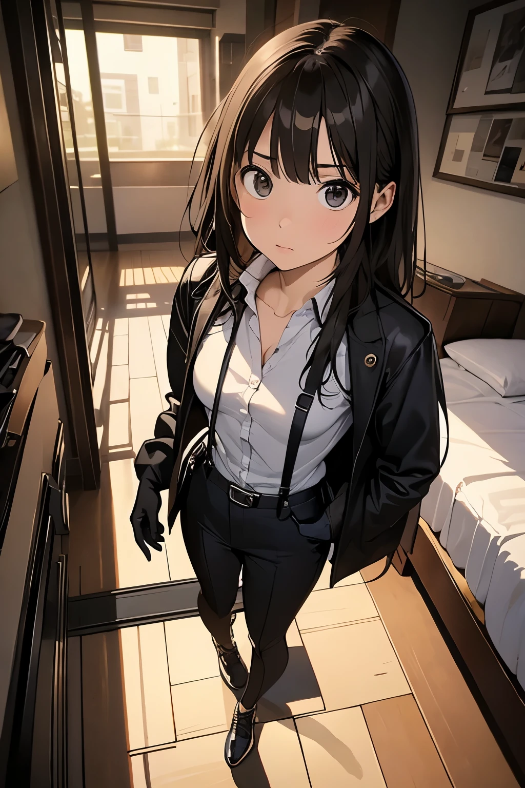 high quality, masterpiece, Ultra-high resolution, (realism: 1.4), Oil painting style, Cinema Lighting, I stood on the empty asphalt road and looked at it., , And the suspenders with the cranes flying Moderate breasts Small face holster Lying in bed Looking up Sweat belt summer 脇Sweat Black Hole Gloves suit shirt Black jacket Black trousers Leg Links ズボンにbelt holster Hands behind your back Anxious expression Looking up Anxious face, no resistance Hands behind your back