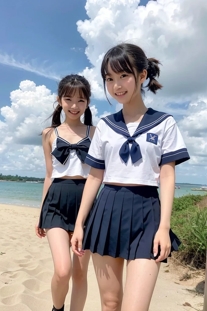 2 girls walking in rural beach,cumulonimbus cloud in summer sky,sailor shirt,navy blue pleated micro mini skirt,white thong,18-year-old,bangs,a little smile,thighs,knees,short hair with low pigtails bunches,from below,front light