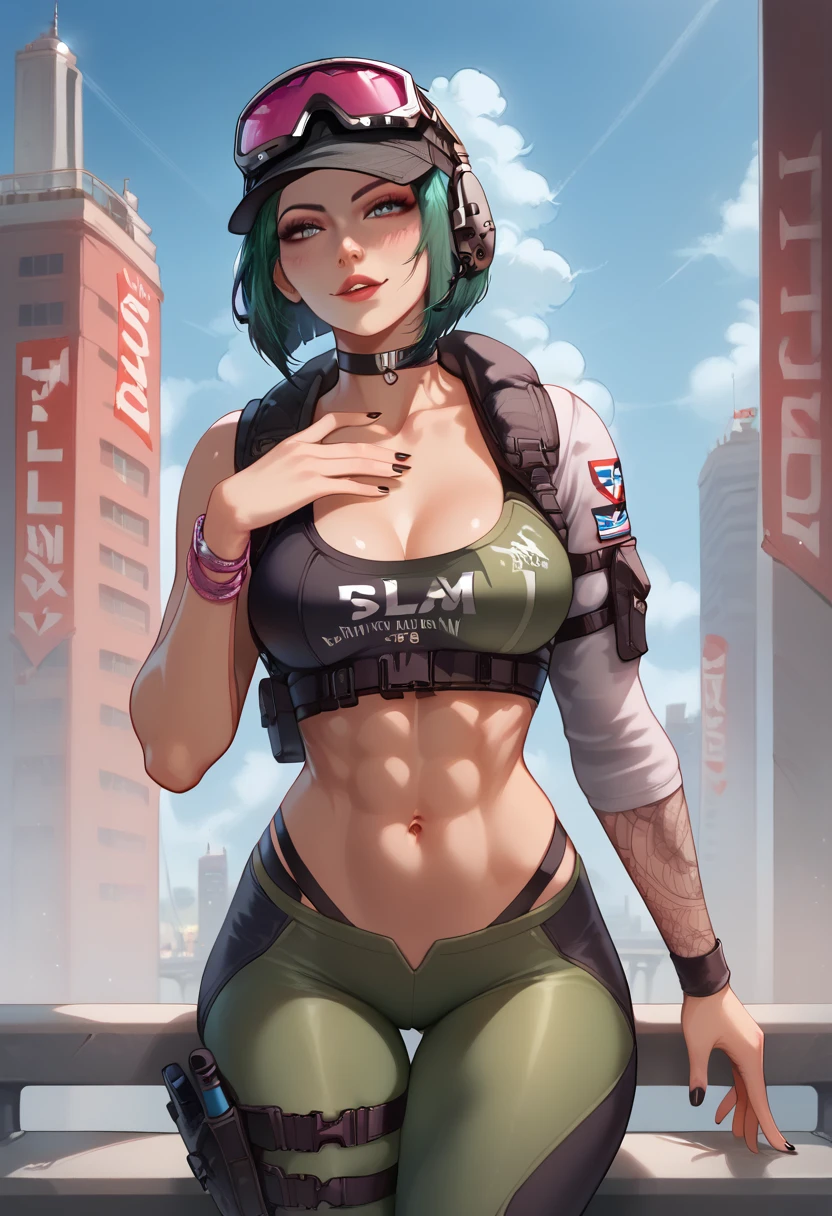 score_9, score_8_up, woman, athletic body, hourglass body, Ela Bosak from Rainbow Six Siege, seductive pose, Standing, tactical gear, green hair, thigh straps, clothed, revealing clothes, seductive face, beautiful eyes, detailed eyes, city scape background, black cap, pink goggles on cap, green yoga pants, black nails, choker, 