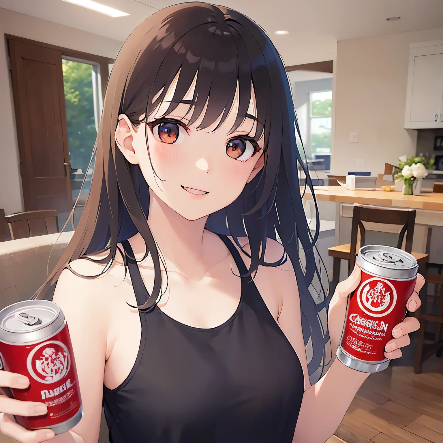 (lookin away:1.5),Upper Body, Shrugging shoulders、
Realistic, real person, (pale skin: 1.2), RAW photo, photorealistic, shiny skin, shiny hair、
(A 25-year-old woman with medium-length hair and bangs) and (wavy hair) and (brown hair) and (Orange Eyes)、blush,(smile:1.5),
(white tank top),The background is the living room at night、Drinking a can of beer