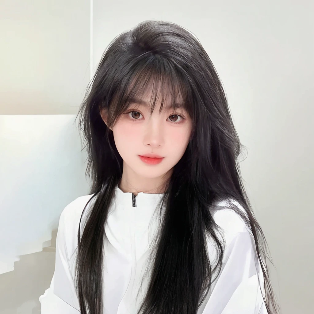 Black long straight hair looks natural,The background is simple and clean