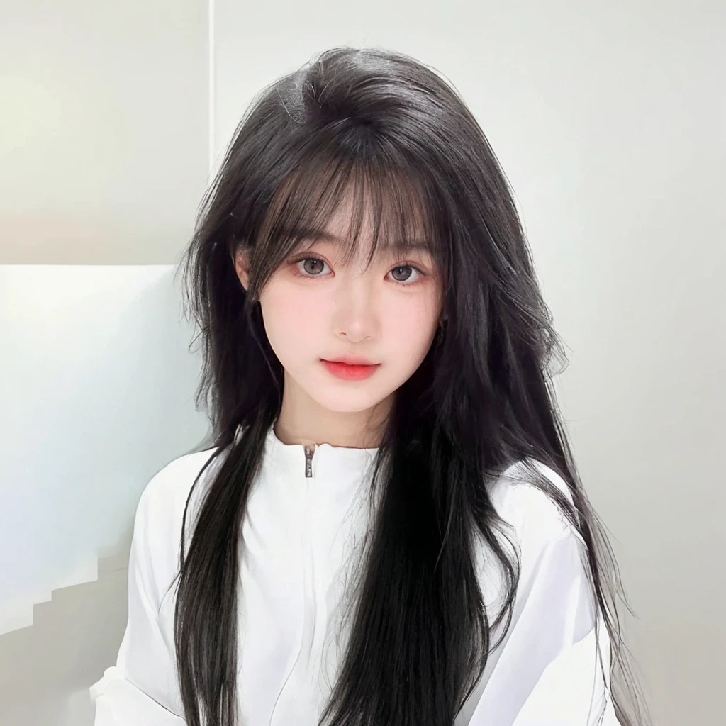 Black long straight hair looks natural,The background is simple and clean