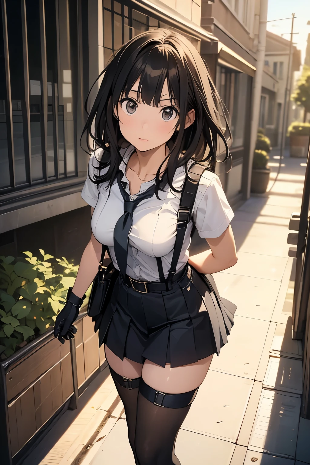 high quality, masterpiece, Ultra-high resolution, (realism: 1.4), Oil painting style, Cinema Lighting, , I stood on the empty asphalt road and looked at it., And the suspenders with the cranes flying　　Large Breasts　 　 　　　　Small face　 　　　holster　　　　　　　 Lying in bed　Looking up　　　　Sweat 　　　belt　summer　脇Sweat 　Black Hole Gloves　suit　　　　 mini skirt　garterbelt　Leg Links　ズボンにbelt　　holster　 　　Hands behind your back　 Anxious expression　Looking up　Anxious face　Knee-high　Knee socks　Knee-highソックス garterbelt　garter　ふとももにgarterbelt