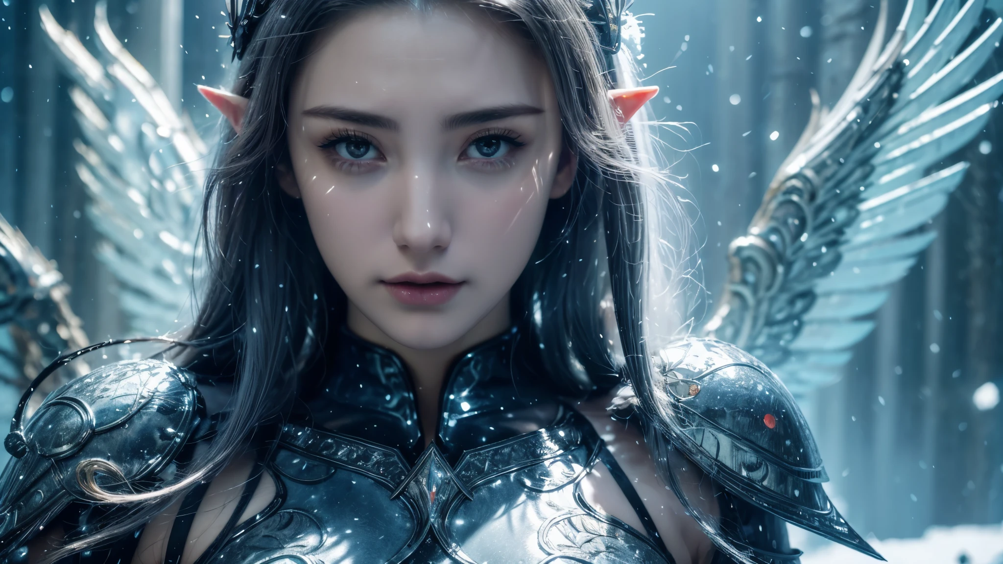 Close-up of woman holding sword and armor, Armor Girl, 2. 5D CGI anime fantasy artwork, Large Breasts,Epic fantasy digital art style, detailed Digital 2D fantasy art, Digital 2D fantasy art, original photo, (best quality:1.3), high resolution, (masterpiece), (lifelike:1.4), Professional photography, Clear focus, High Dynamic Range, 8k resolution, Intricate details, Fine details, Depth of Field, Extremely detailed CG unified 8k wallpaper, masterpiece,poster,best quality,Official Art,(Beauty and aesthetics:1.2),(masterpiece:1.3),Female Elf,individual,Light Leather Armor,complex pattern,snow,Cyberpunk style future city,Medium distance photography,(early morning),dramatic,Glowing Wings,