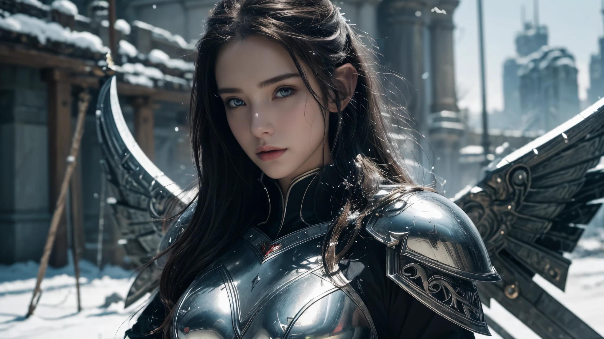 Close-up of woman holding sword and armor, Armor Girl, 2. 5D CGI anime fantasy artwork, Large Breasts,Epic fantasy digital art style, detailed Digital 2D fantasy art, Digital 2D fantasy art, original photo, (best quality:1.3), high resolution, (masterpiece), (lifelike:1.4), Professional photography, Clear focus, High Dynamic Range, 8k resolution, Intricate details, Fine details, Depth of Field, Extremely detailed CG unified 8k wallpaper, masterpiece,poster,best quality,Official Art,(Beauty and aesthetics:1.2),(masterpiece:1.3),Female Elf,individual,Light Leather Armor,complex pattern,snow,Cyberpunk style future city,Medium distance photography,(early morning),dramatic,Glowing Wings,