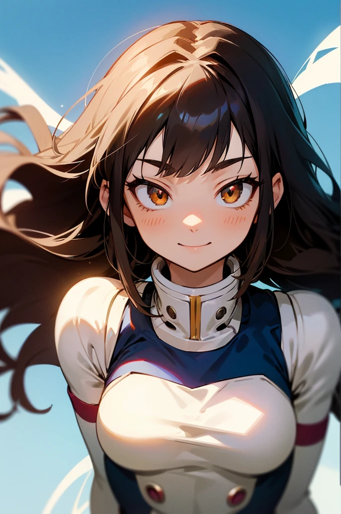 Screenshot Boku no Hero Academia.white skin woman,clear brown eyes,not very long wavy black hair with some blonde highlights and bangs.Her Beauty is unreal and she has a perfect body. He wears the UA uniform and has a happy expression