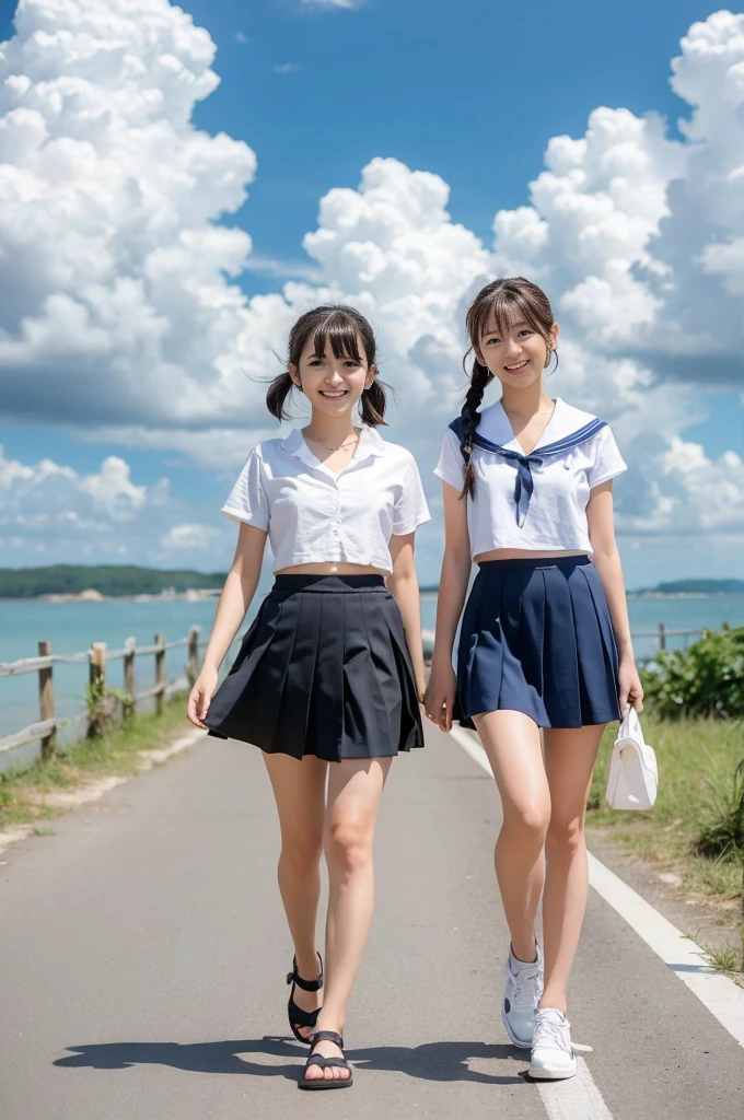 lawn、((Two beautiful Japan girls))、(((Two beautiful girls)))、Cute same school uniform、Navy blue sailor uniform、15yo student、Wistful expression、With bangs、Tall、A dark-haired、((Long skirt to hide the knees))、((long navy skirt))、early evening、the wind、Thin leg、Standing、put strength into your body、Short Bob、