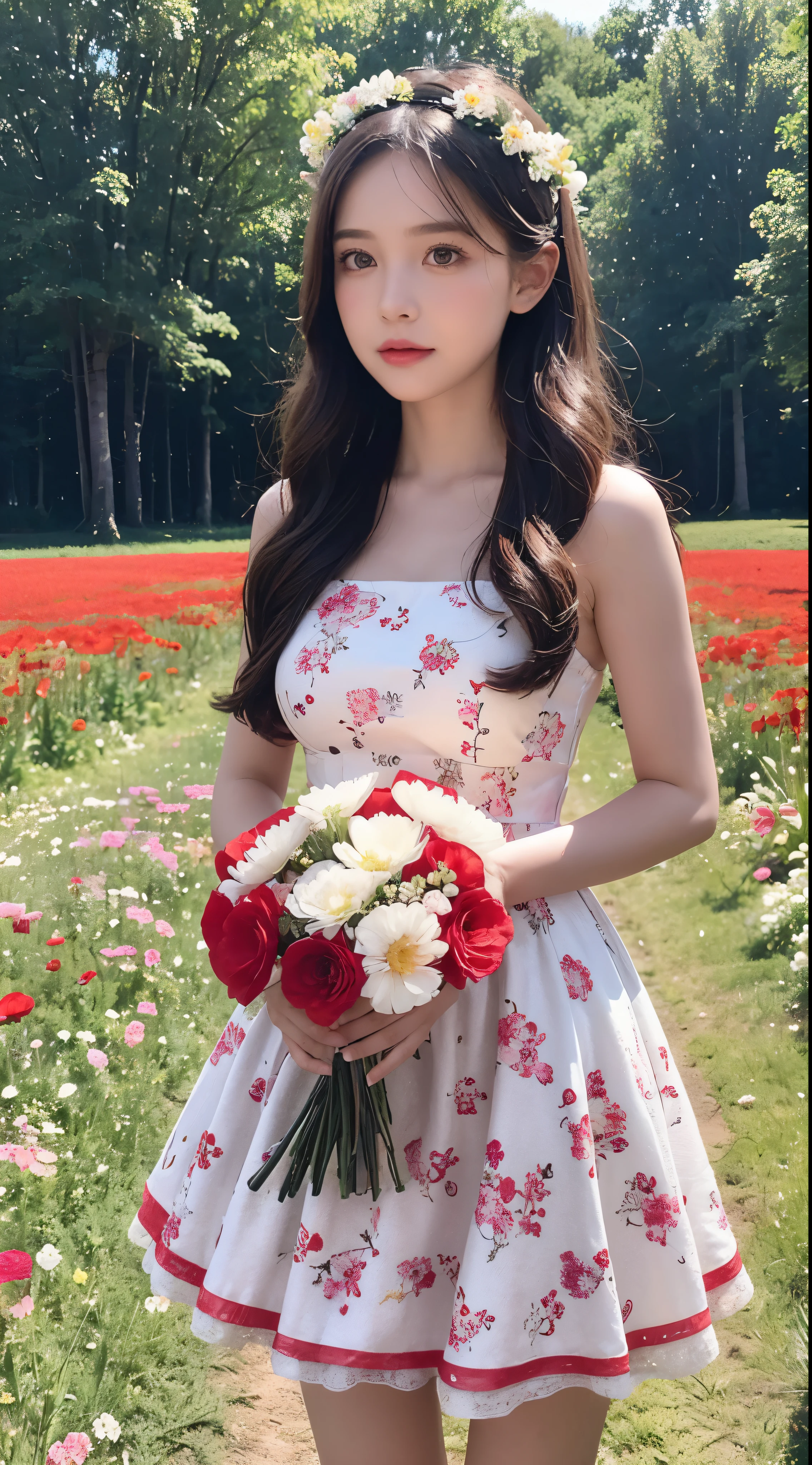 there is a  in a red and white dress holding a bouquet, girl in flowers, picking flowers, holding flowers, picking up a flower, girl standing in flower field, girl standing in a flower field, flowers on heir cheeks, girl in a flower field, portrait of girl in flower field, girl walking in forest, girl with a flower head