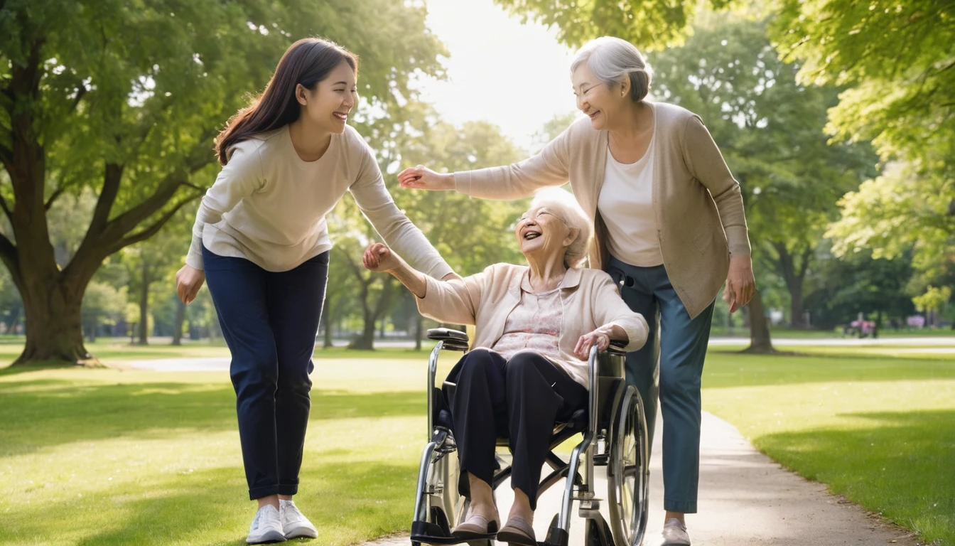 
A young woman pushes an elderly woman in a wheelchair along a path in a park. The two are smiling and laughing, enjoying the beautiful weather. The elderly woman has her arms outstretched, and the young woman is looking at her with a smile. There are trees and green grass in the background. The image depicts a moment of joy and companionship between a caregiver and a patient.