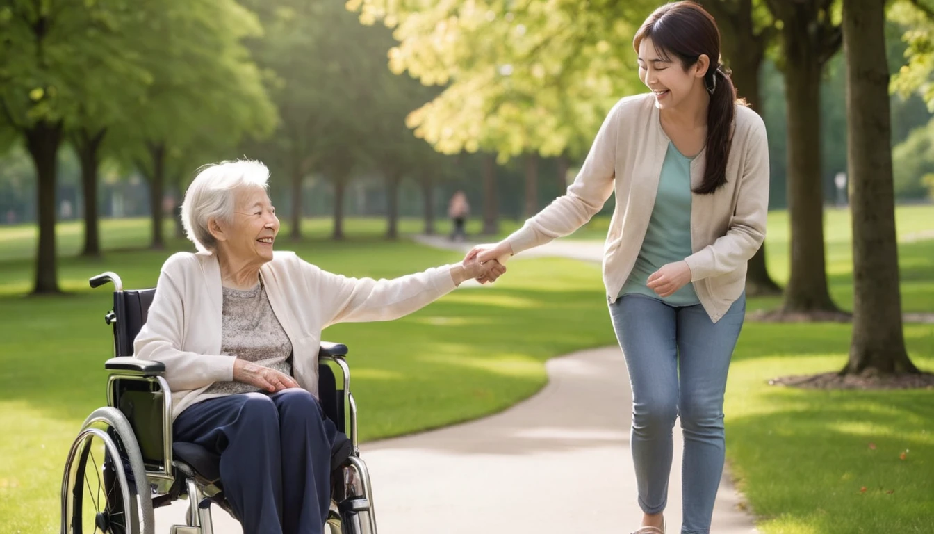 
A young woman pushes an elderly woman in a wheelchair along a path in a park. The two are smiling and laughing, enjoying the beautiful weather. The elderly woman has her arms outstretched, and the young woman is looking at her with a smile. There are trees and green grass in the background. The image depicts a moment of joy and companionship between a caregiver and a patient.