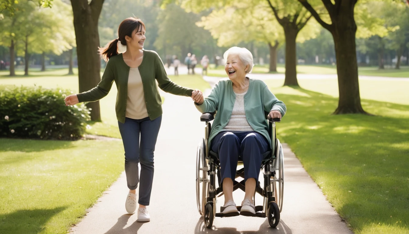 A young woman pushes an elderly woman in a wheelchair along a path in a park. The two are smiling and laughing, enjoying the beautiful weather. The elderly woman has her arms outstretched, and the young woman is looking at her with a smile. There are trees and green grass in the background. The image depicts a moment of joy and companionship between a caregiver and a patient.