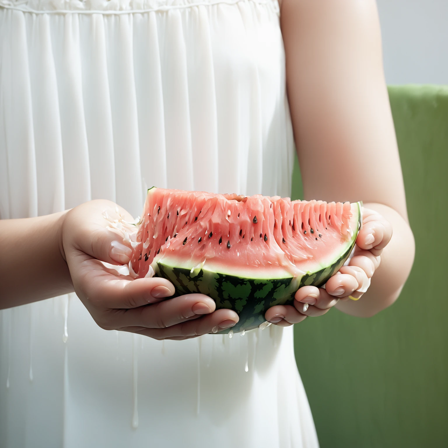 someone holding a slice of watermelon in their hands, watermelon, gestation inside a watermelon, watermeloncore, watermelons, 2 0 1 2 watermelon diner, wearing a melon, stock photo, material is!!! watermelon!!!, slice of life, fruit, summer, holding a stuff, cut, by Maeda Masao, 1787, help me