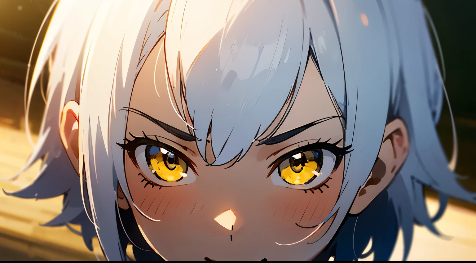 masterpiece, best quality, best quality, masterpiece, highres, focus, anime style, a closeup of a woman, girl design, portrait, anime image, short hair, white hair, yellow eyes, hair covering ears, polished and powerful look, pale skin, cheerful, soft sunlight, blurred background scene,