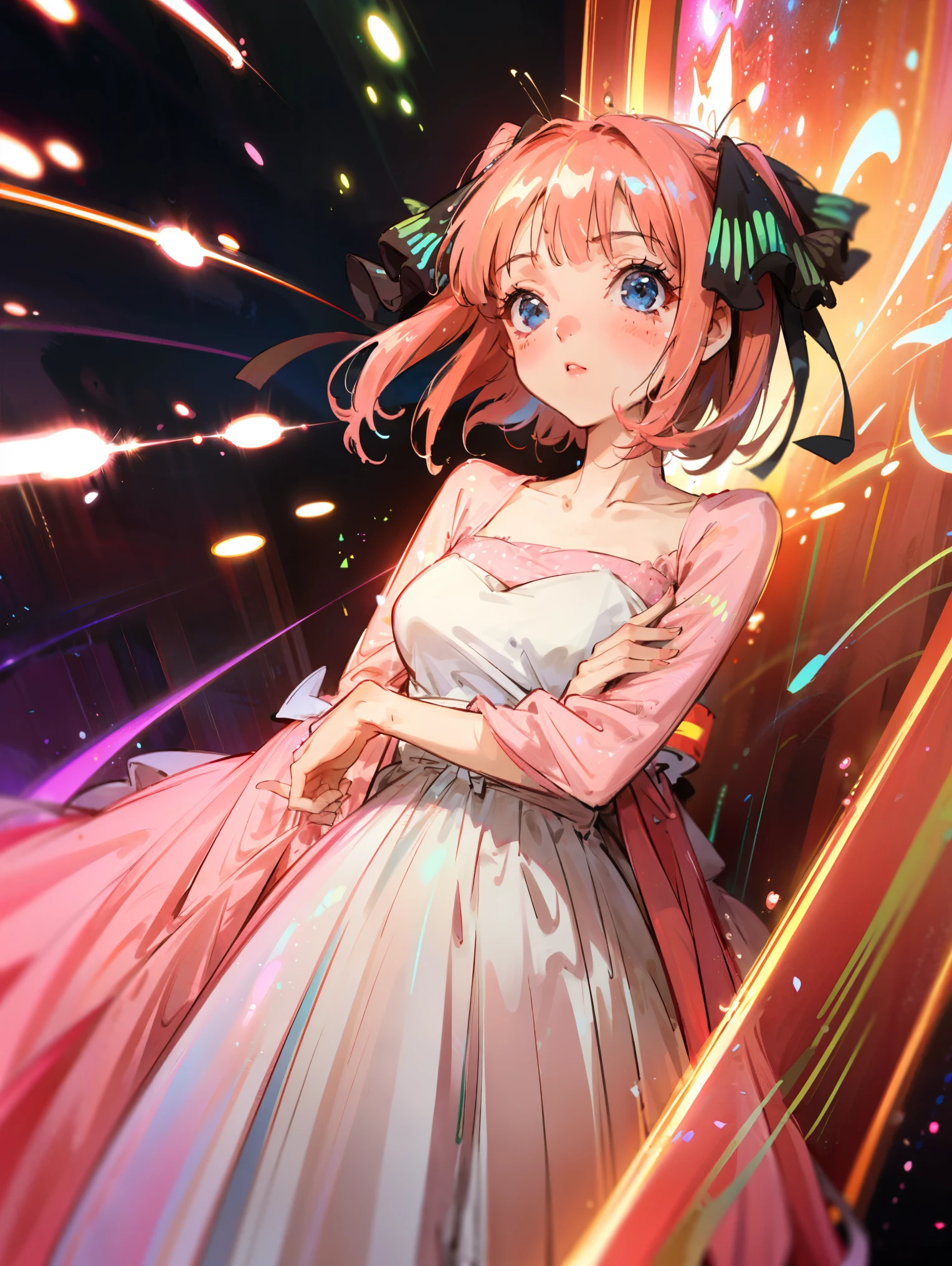bioluminescent shiny glow, beautiful girl in flowing ballgown dress, galaxy style dress, galaxy glow, sparkling, ethereal, fluffy flowing pink hair, silky glistening iridescent pink hair, nakano nino, hair ribbons, blue eyes, aanino