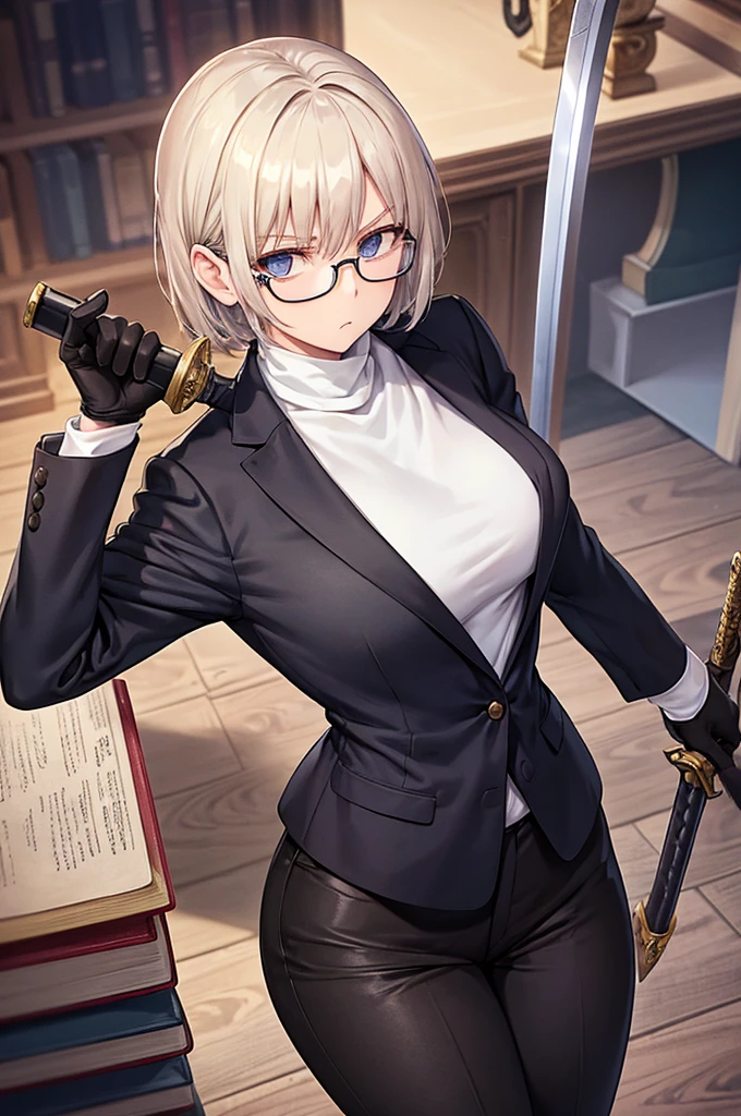 books lying around, cream hair, tall, square glasses, black turtleneck, a beige two-button blazer, dark navy-blue pants, and a pair black gloves, looking at viewer, slightly short hair, female, slim, stern expression, she wields a short sword with a metal handle wrapped in leather bindings