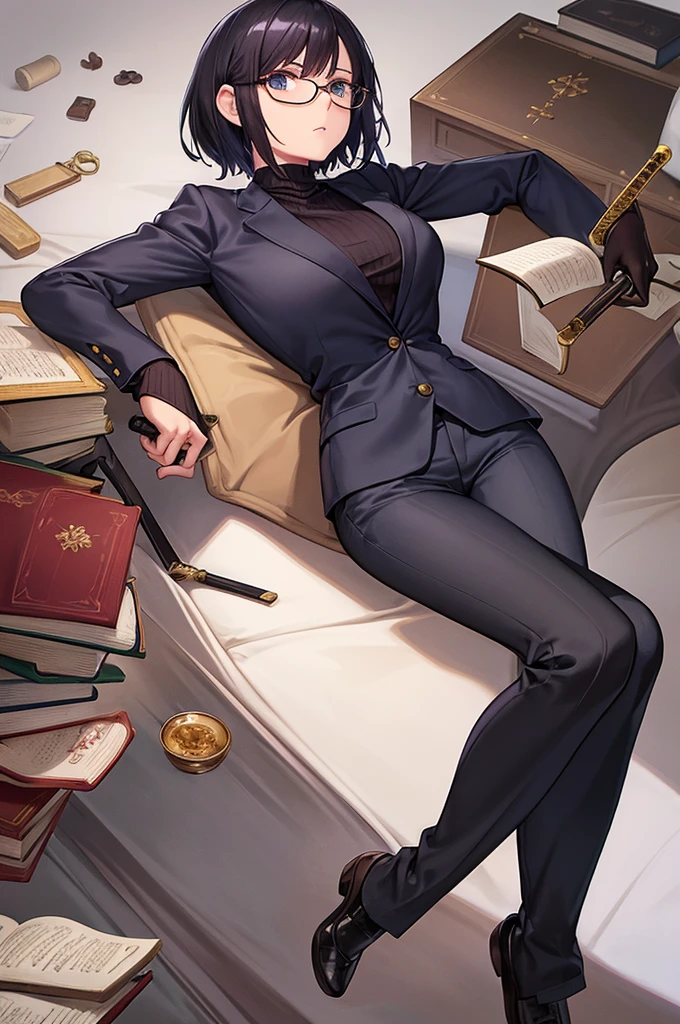 books lying around, cream hair, tall, square glasses, black turtleneck, a beige two-button blazer, dark navy-blue pants, and a pair black gloves, looking at viewer, slightly short hair, female, slim, stern expression, she wields a short sword with a metal handle wrapped in leather bindings