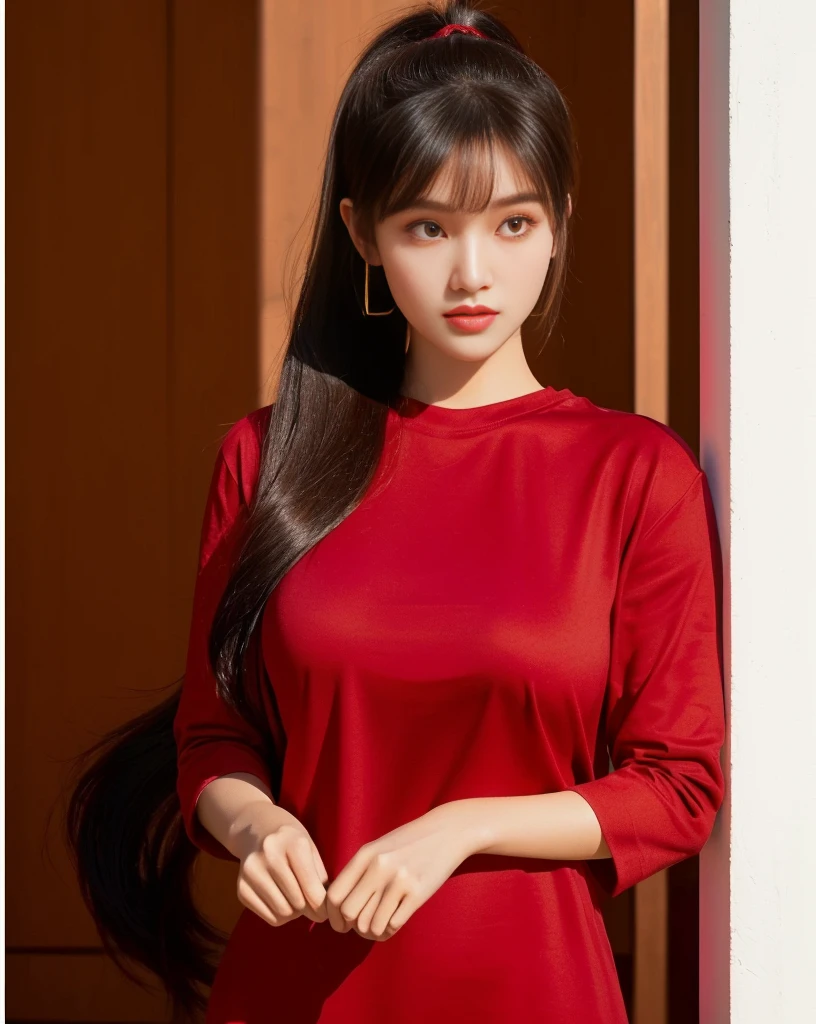 Close-up of a woman wearing a dark red t-shirt., Close-up of Haraf woman looking at camera, perfect has a round face, A well-maintained model., Young Southeast Asian woman with a round face, Profile picture: warm light, evening sun light, (Highest quality:1.4), (Masterpiece:1.3),(sharp focus:1.2), (The ponytail has bangs like Lisa&#39;s.),glowing face, (Red cheeks:1.3), standing walking outdoors, Thai girl anime, beautiful asian girl,stereoscopic 8k,45 high quality colored lights,000,000,000 pixels, photo, post-trade photo, animation, beautiful portrait,