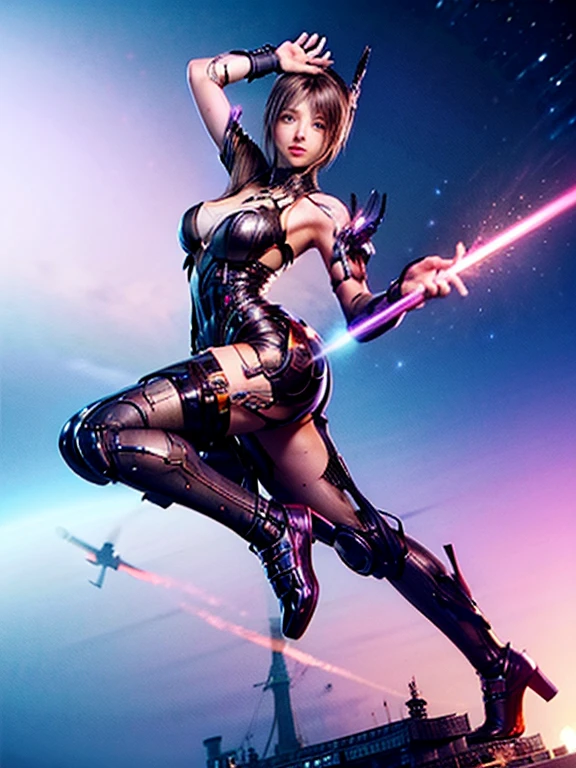 Luciwilde is a sexy cyborg with a entirely electric purple metallic body(obviously mechanical), metal helmet stylized as a fashion model hairdo (no hair visible), and a completely human face. She is flying through space propelled by jets in her feet. She has a guitar with a laser rifle built into it. Full body shot, show all of her, action pose with her weapon, best quality, extreme attention to detail, beautiful face