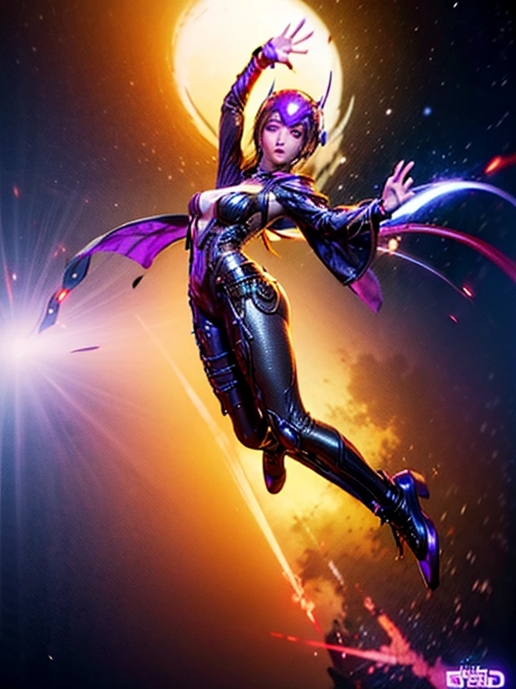 Luciwilde is a sexy cyborg with a entirely electric purple metallic body(obviously mechanical), metal helmet stylized as a fashion model hairdo (no hair visible), and a completely human face. She is flying through space propelled by jets in her feet. She has a guitar with a laser rifle built into it. Full body shot, show all of her, action pose with her weapon, best quality, extreme attention to detail, beautiful face
