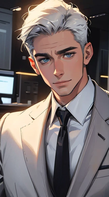 (best quality,4k,8k,highres,masterpiece:1.2),ultra-detailed,(realistic,photorealistic,photo-realistic:1.37),1 man,31 years old,mature man,very handsome,without expression,smile,short grey white hair,blue eyes,penetrating gaze,perfect face without errors,imposing posture,businessman,office background,cinematic lighting,hdr image