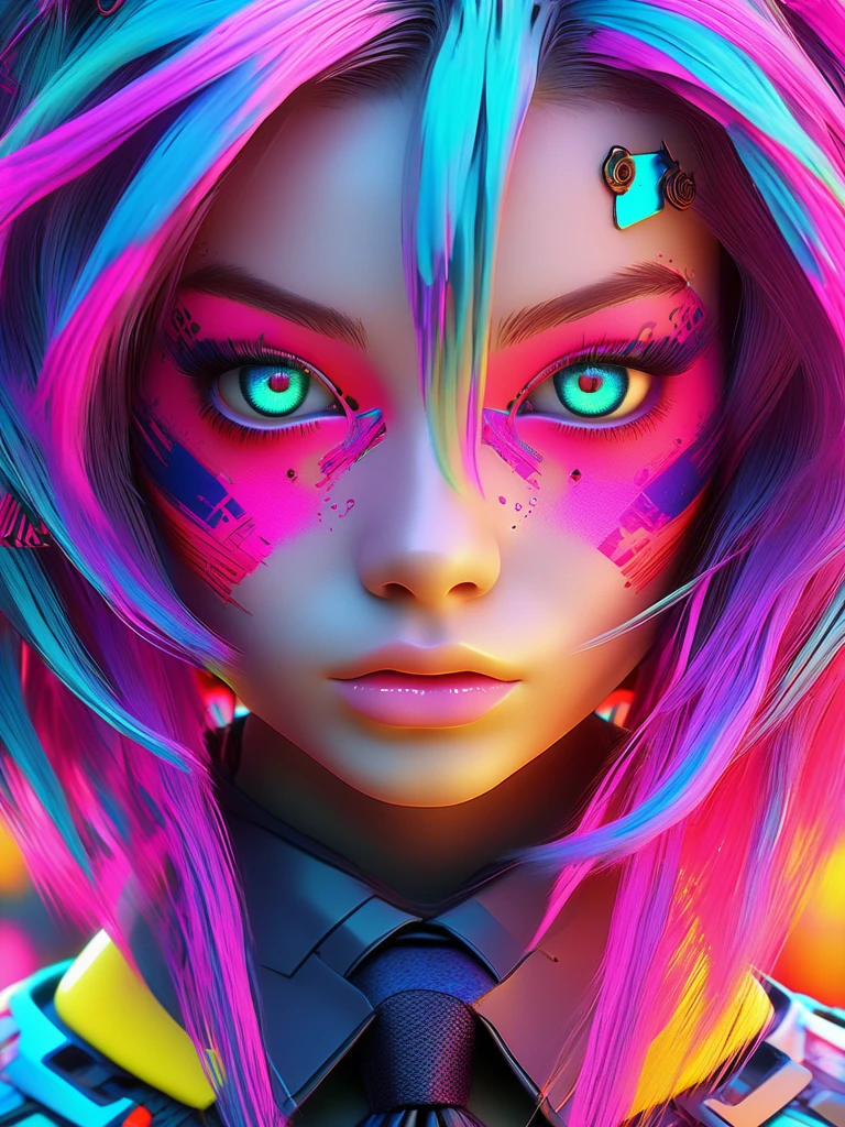 a close up of a person with a weird hair and a tie, epic 3 d abstract emo girl, glitchpunk girl, vibrant fan art, cyberpunk vibrant colors, crazy hair, with haunted eyes and crazy hair, colorfull digital fantasy art, colorful static, 3d digital art 4k, horrific digital art, alice in wonderland cyberpunk, dreamy colorful cyberpunk colors