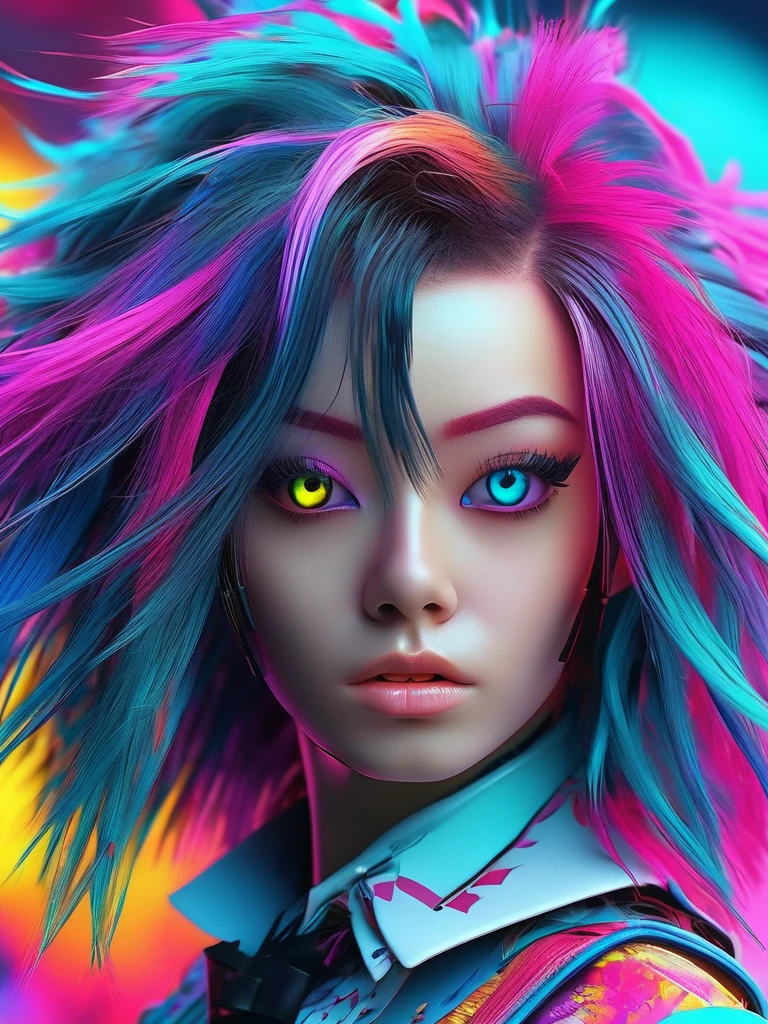 a close up of a person with a weird hair and a tie, epic 3 d abstract emo girl, glitchpunk girl, vibrant fan art, cyberpunk vibrant colors, crazy hair, with haunted eyes and crazy hair, colorfull digital fantasy art, colorful static, 3d digital art 4k, horrific digital art, alice in wonderland cyberpunk, dreamy colorful cyberpunk colors