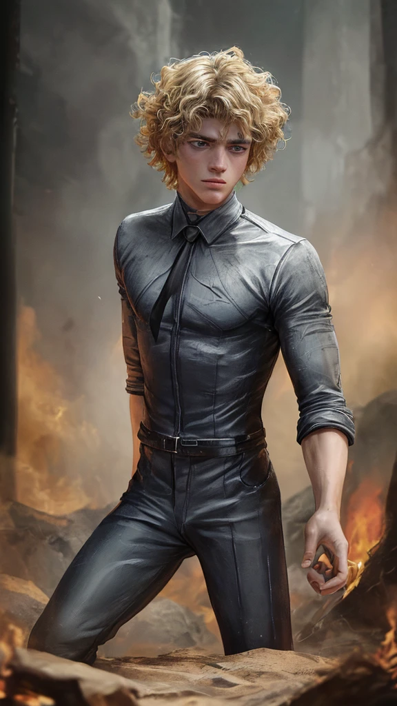 a futurist deserter late teenager boy, defeated, harmless, captured boy, young boy, sexy, blonde hair, scared, detailed face, tearing eyes, beautiful boy, pretty face, sexy, curly hair, tie in a campfire, cinematic atmosphere, dark colors, environment, realistic 3D render, (best quality,4k,8k,highres,masterpiece:1.2),ultra-detailed,(realistic,photorealistic,photo-realistic:1.37)