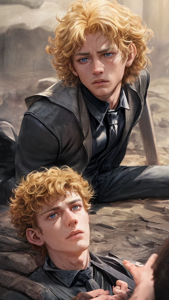 a futurist deserter late ager boy, defeated, harmless, captured boy, young boy, sexy, blonde hair, scared, detailed face, tearing eyes, beautiful boy, pretty face, sexy, curly hair, tie in a campfire, cinematic atmosphere, dark colors, environment, realistic 3D render, (best quality,4k,8k,highres,masterpiece:1.2),ultra-detailed,(realistic,photorealistic,photo-realistic:1.37)