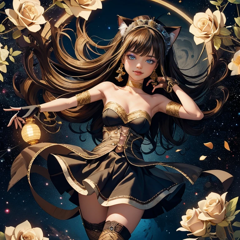 ((high quality)), ((Work of art)), (more detail), 1girl, centered, a girl with a light brown skinny, award winning upper body portrait, cowboy shot, solo, brown hair, long hair, wave hair, Egyptian aesthetic, black shirt, black skirt, blue knee boots, smiling, Egypt style, space scenery, gold lanterns, white roses, full moon,  depth of field, cinematic composition, night, white roses, smile, gothic dress, black dress, black dress with transparency, blue laces, black gloves, black high socks, blue high hills boots, gold jewelry, jewelry, space, white roses on focus, Cleo de Nilo_(monster high), Monster High, looking at the viewer, more details on the clothes, petals in the air, two arms, two legs, two hands, five fingers, space scene, 1girl, black maid dress, jewelry, brown hair, flowing hair, long hair, maid dress with a short skirt and layers, blue laces, blue boots, black dress with transparency, gold details on her clothes, cat ears, animal ears,  more details, perfectly body, perfectly hands, two hands, two legs, two arms, five fingers, glowing hair, best quality, alone, maid headdress, choker, detached sleeves, maid dress, maid black dress, strapless, masterpiece, best quality, detailed face, night, asymmetrical gloves, bangs, black short skirt , black gloves, white boots, earrings, elbow gloves, fishnet thighhighs, fish masterpiece, solo, best quality, detailed face, gloves, hair between eyes, jewelry, long hair, looking at viewer, single earring, sky, sleeveless, solo, thigh boots, thigh highs, uneven gloves, solo, alone, Looking at the viewer, More details on the clothes, white roses on her hair, space scenery, maid, maid dress, green details, white roses, maid headdress, maid apron, long hair, seat on the Saturn rings, more details on her clothes, gold details on her 