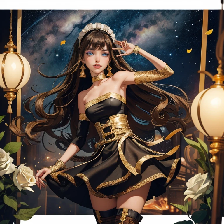 ((high quality)), ((Work of art)), (more detail), 1girl, centered, a girl with a light brown skinny, award winning upper body portrait, cowboy shot, solo, brown hair, long hair, wave hair, Egyptian aesthetic, black shirt, black skirt, blue knee boots, smiling, Egypt style, space scenery, gold lanterns, white roses, full moon,  depth of field, cinematic composition, night, white roses, smile, gothic dress, black dress, black dress with transparency, blue laces, black gloves, black high socks, blue high hills boots, gold jewelry, jewelry, space, white roses on focus, Cleo de Nilo_(monster high), Monster High, looking at the viewer, more details on the clothes, petals in the air, two arms, two legs, two hands, five fingers, space scene, 1girl, black maid dress, jewelry, brown hair, flowing hair, long hair, maid dress with a short skirt and layers, blue laces, blue boots, black dress with transparency, gold details on her clothes, cat ears, animal ears,  more details, perfectly body, perfectly hands, two hands, two legs, two arms, five fingers, glowing hair, best quality, alone, maid headdress, choker, detached sleeves, maid dress, maid black dress, strapless, masterpiece, best quality, detailed face, night, asymmetrical gloves, bangs, black short skirt , black gloves, white boots, earrings, elbow gloves, fishnet thighhighs, fish masterpiece, solo, best quality, detailed face, gloves, hair between eyes, jewelry, long hair, looking at viewer, single earring, sky, sleeveless, solo, thigh boots, thigh highs, uneven gloves, solo, alone, Looking at the viewer, More details on the clothes, white roses on her hair, space scenery, maid, maid dress, green details, white roses, maid headdress, maid apron, long hair, seat on the Saturn rings, more details on her clothes, gold details on her 