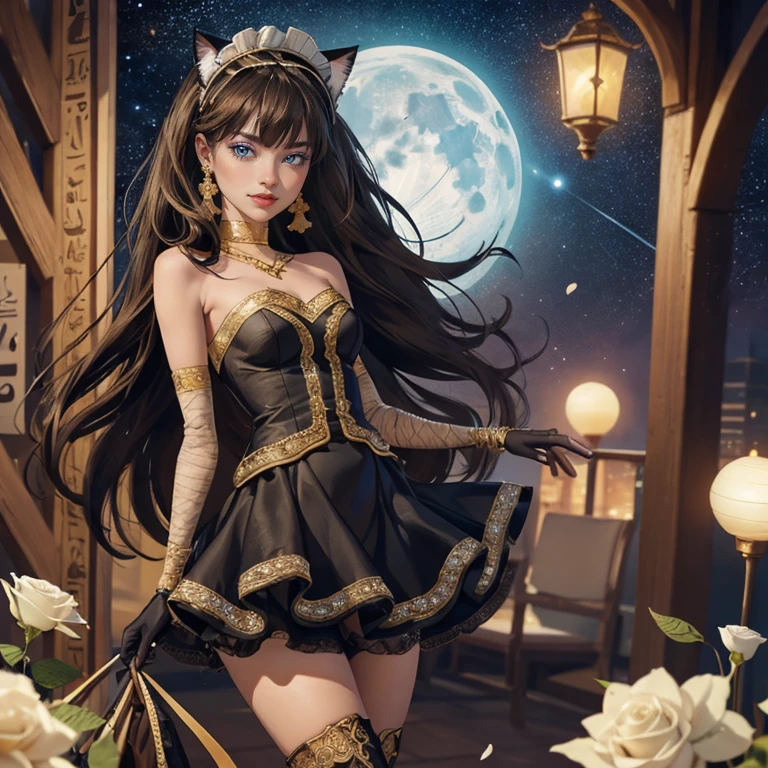 ((high quality)), ((Work of art)), (more detail), 1girl, centered, a girl with a light brown skinny, award winning upper body portrait, cowboy shot, solo, brown hair, long hair, wave hair, Egyptian aesthetic, black shirt, black skirt, blue knee boots, smiling, Egypt style, space scenery, gold lanterns, white roses, full moon,  depth of field, cinematic composition, night, white roses, smile, gothic dress, black dress, black dress with transparency, blue laces, black gloves, black high socks, blue high hills boots, gold jewelry, jewelry, space, white roses on focus, Cleo de Nilo_(monster high), Monster High, looking at the viewer, more details on the clothes, petals in the air, two arms, two legs, two hands, five fingers, space scene, 1girl, black maid dress, jewelry, brown hair, flowing hair, long hair, maid dress with a short skirt and layers, blue laces, blue boots, black dress with transparency, gold details on her clothes, cat ears, animal ears,  more details, perfectly body, perfectly hands, two hands, two legs, two arms, five fingers, glowing hair, best quality, alone, maid headdress, choker, detached sleeves, maid dress, maid black dress, strapless, masterpiece, best quality, detailed face, night, asymmetrical gloves, bangs, black short skirt , black gloves, white boots, earrings, elbow gloves, fishnet thighhighs, fish masterpiece, solo, best quality, detailed face, gloves, hair between eyes, jewelry, long hair, looking at viewer, single earring, sky, sleeveless, solo, thigh boots, thigh highs, uneven gloves, solo, alone, Looking at the viewer, More details on the clothes, white roses on her hair, space scenery, maid, maid dress, green details, white roses, maid headdress, maid apron, long hair, seat on the Saturn rings, more details on her clothes, gold details on her 