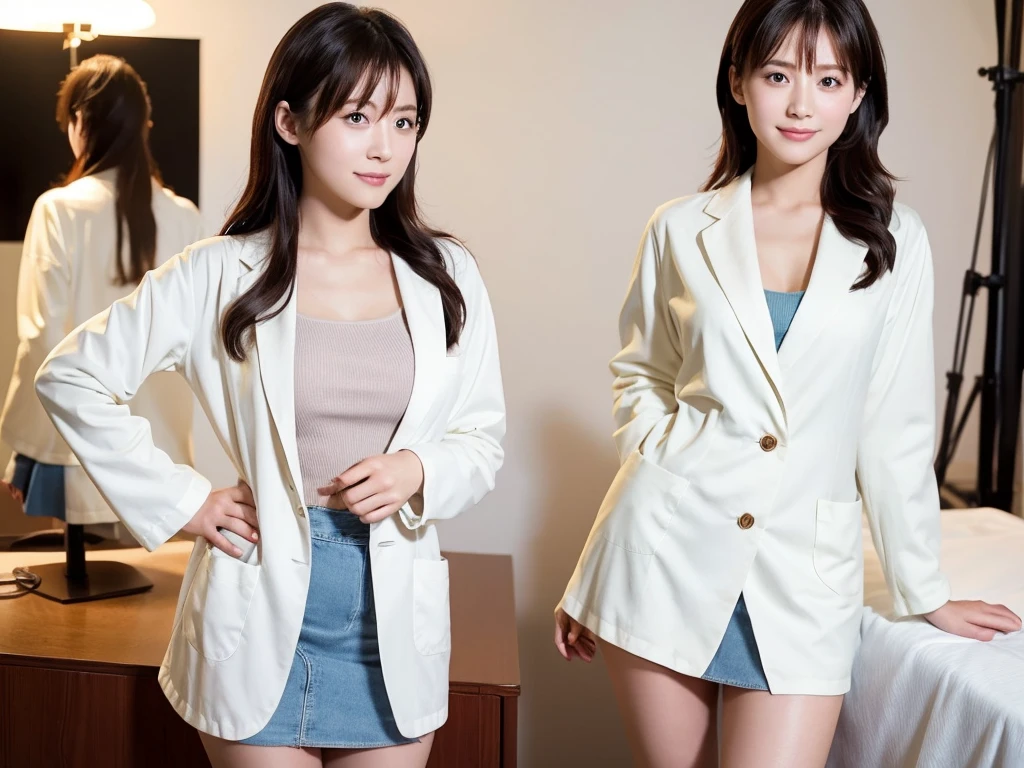 A live-action photo of an extremely beautiful Japanese high school girl race queen who highlights her large breasts and beautiful legs.、Wearing a miniskirt and white lab coat at a photo studio, she takes promotional photos for compensated dating.、She is an eternal idol who combines a clean look with modern charm.。 She creates such beauty。 She feels her own warmth。 She creates a warm atmosphere。 We create beauty。 That's what I want to say。 In her full body photo、The figure features porcelain-like skin and golden hair that radiates a soft glow.。 This is probably、It captured the essence of her timeless charm.、This is the best shot ever.。 Each straight line and curve is carefully expressed.、Breathtakingly beautiful with impeccable detail。 This piece perfectly captures her timeless beauty.。 Divine Proportions、Sharp focus、Full-body photo taken by Kishin Shinoyama、high quality、High resolution、Detailed Background