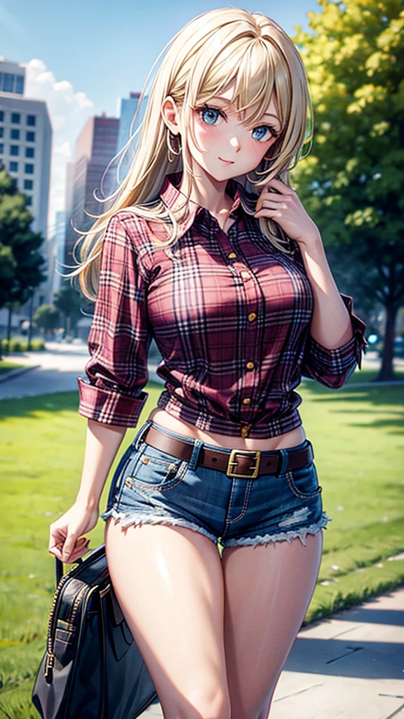 One in short shorts with a top buckle and a plaid blouse looking at you