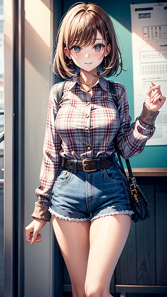 One in short shorts with a top buckle and a plaid blouse looking at you