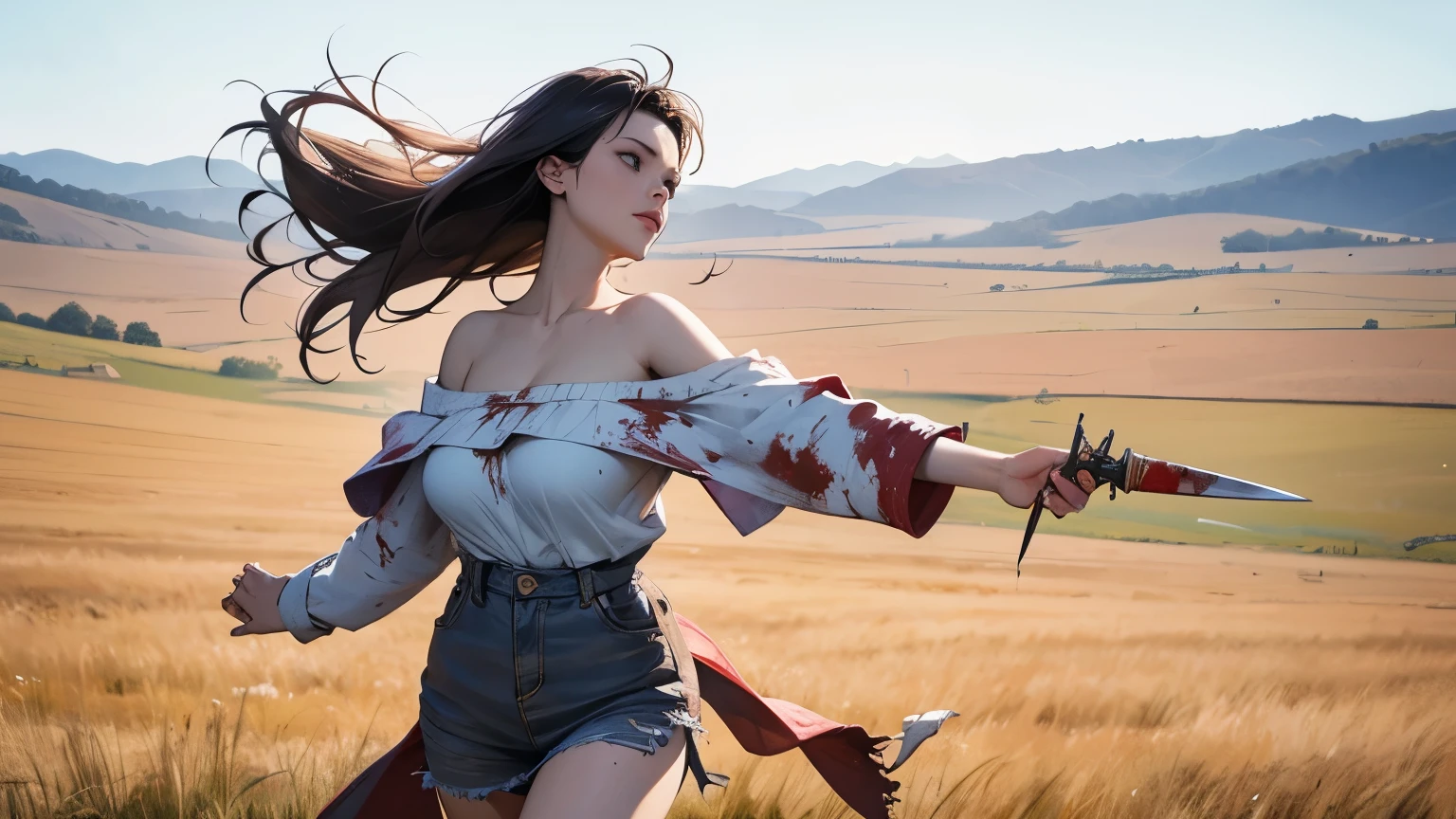 1 Beauty,25 years old,Wearing tattered clothes,Off-shoulder,Blood on the body,Running on the grassland with a knife,Wide-angle lens,panoramic