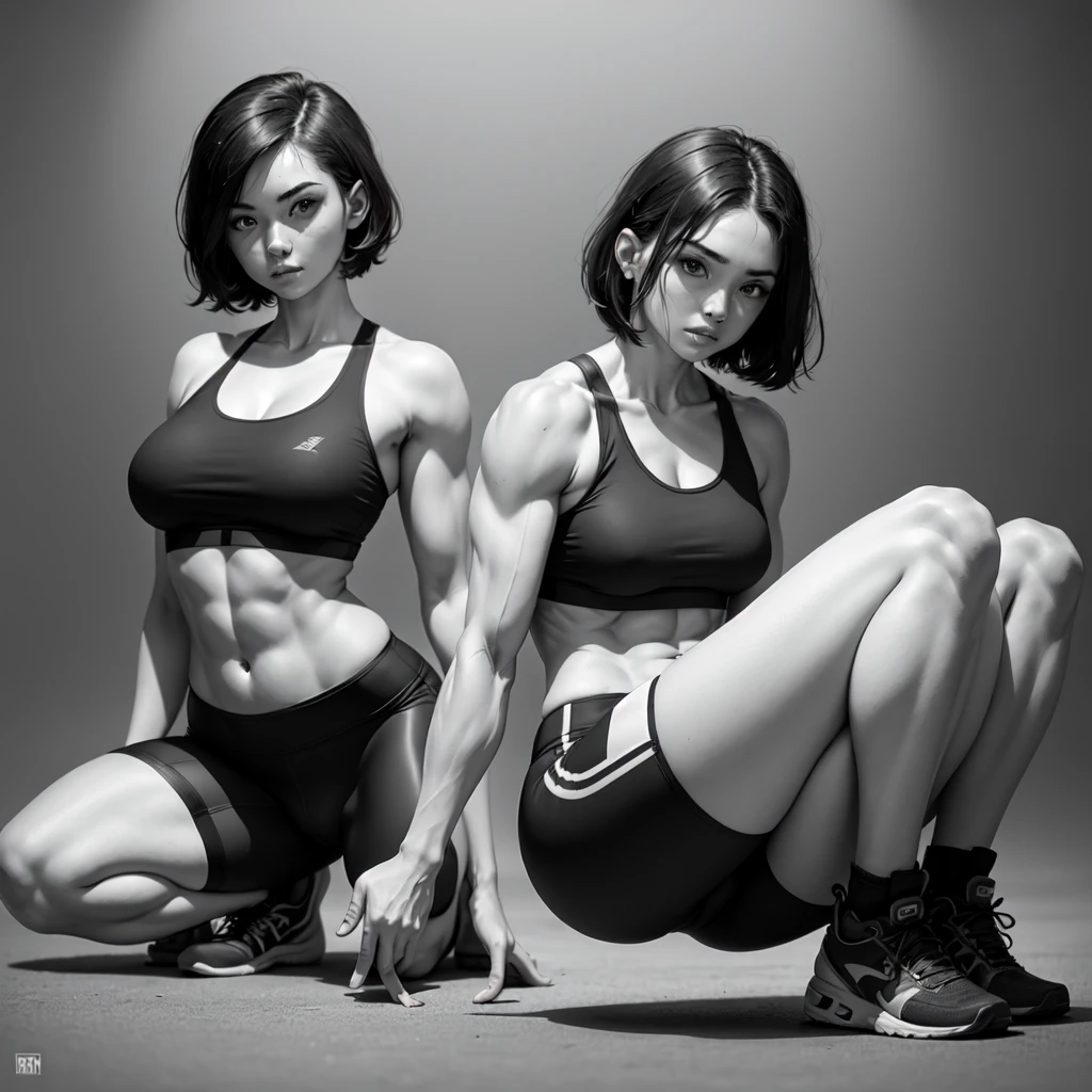 1girl,squatting,legs spread apart, front view, bike shorts, sports bra, sprite sheet, consistency, looking at viewer, lineart, monochrome, muscular abs girl, (thin waist), ((curvy)), ((wide hips)), short black hair, sexy, muscular thighs, full body