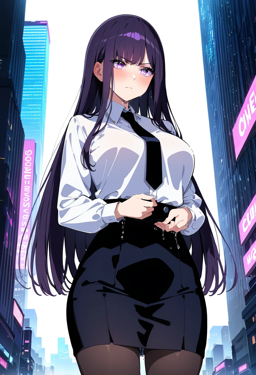 (masterpiece:1.37), best quality, (extremely detailed:1.37), woman, mature, adult, large breasts, very long hair, (straight hair:1.5), dark purple hair, purple eyes, (extremely detailed eyes:1.37), business suit, necktie, (long pencil skirt:1.5), pantyhose, desperation, (wetting self:1.5), standing, embarrassed, humiliation, blushing, angry, city, futuristic, neon lighting, high-tech, street