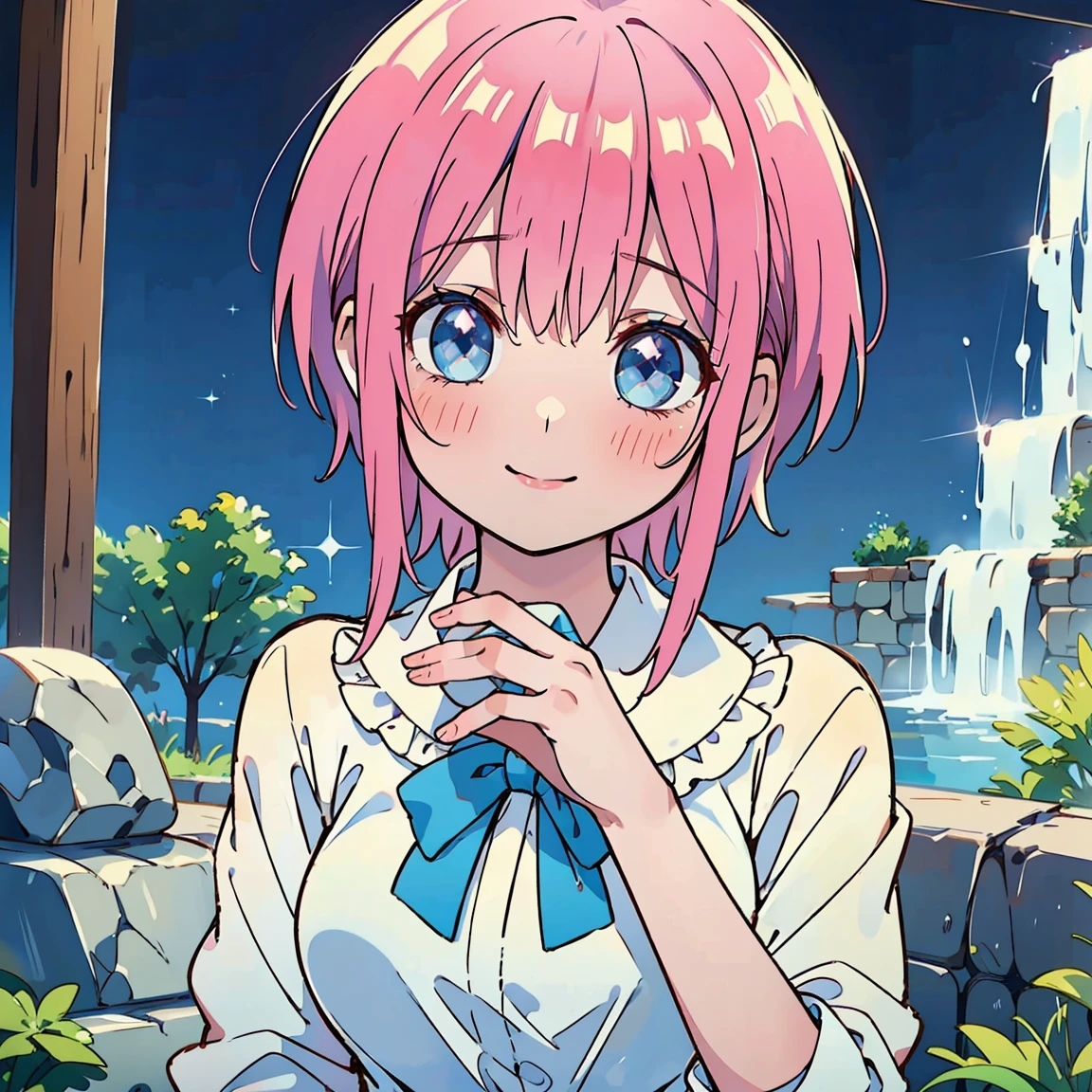 Scenery, light blue sky, 1girl, ichika sitting in the waterfalls, cloud, sitting on rocks in the middle of the waterfall, magical photography, ultra-detailed, 4k, Depth of field, High-resolution, outdoors, starry night sky, starts made of iridescent tears, pastel aesthetic colors, sfw, nakano_ichika, aaichika, Nakano ichika sitting in the waterfall, short silky pink hair, masterpiece, 4k, ultradetailed, cowboy shot, nakano ichika, blue eyes, sparkling eyes, green bowtie, veiled pretty iridescent dress, minimal dress, attractive confident smile, happy, cute, Official art、Beautifully Aesthetic:1.2)、(a beauty girl:1.3)、vivid colours、colourful, Soft Light, Deep Focus Bokeh, fantasy, galaxy, sparkling, splendid, colorful, dramatic lighting, intricate details, (1 girl, solo, alone), intricate details, sfw, nakano_ichika, sparkling eyes, laughing happily, crystal, fantasy, shimmering, sparkling, splendid, colorful, bright colours. fix her hands, best quality,4k,8k,highres,masterpiece:1.2),ultra-detailed,(realistic,photorealistic,photo-realistic:1.37),HDR,UHD,studio lighting,ultra-fine painting,sharp focus,physically-based rendering,extreme detail description,professional,vivid colors,bokeh, 